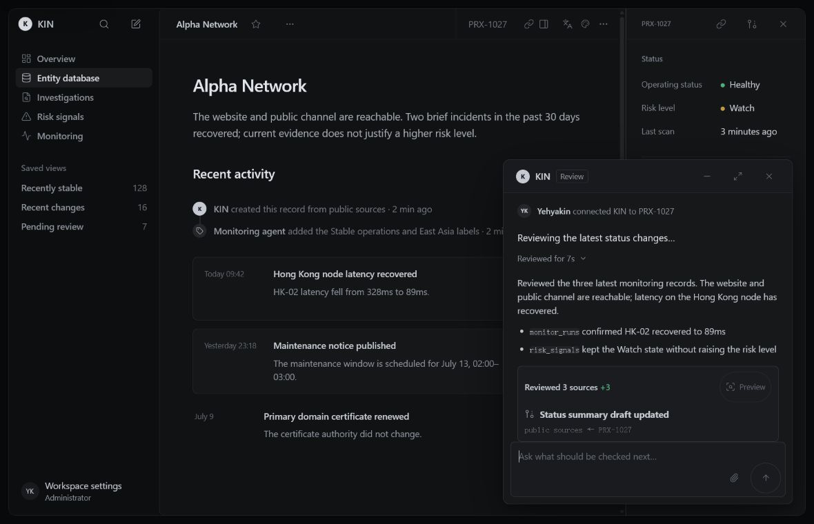 KIN entity workspace showing an entity record, properties, activity, and contextual review thread.